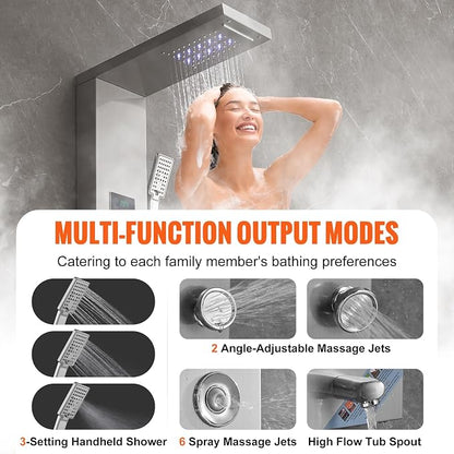VEVOR Shower Panel, 6 Shower Modes, LED & Screen Hydroelectricity Shower Tower Panel System, Rainfall, Waterfall, 8 Massage Jets, Tub Spout, Handheld Shower, Stainless Steel Wall-Mounted Shower Set