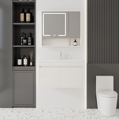 32'' Bathroom Vanity with Ceramic Sink Combo and Medicine Cabinet Mirror with Led Light/Defog, Wall Mounted Small Bathroom Vanity with Soft-Close Door Modern Floating Cabinet, Khaki(No Faucet)