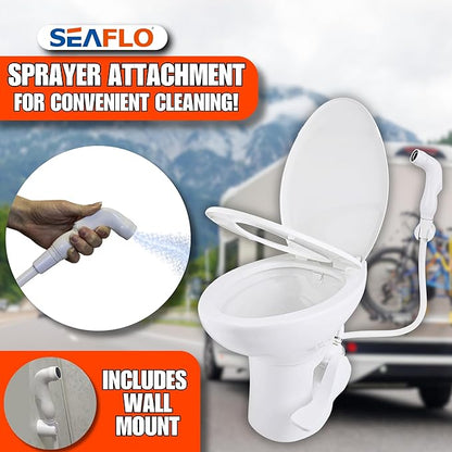 SEAFLO Ceramic Residential Height Camper/RV Toilet with Sprayer Attachment & Elongated Ceramic Bowl, 19” Standard Height, Gravity Flush System, Foot Pedal Operation, Soft Close Seat, 4-Year Warranty