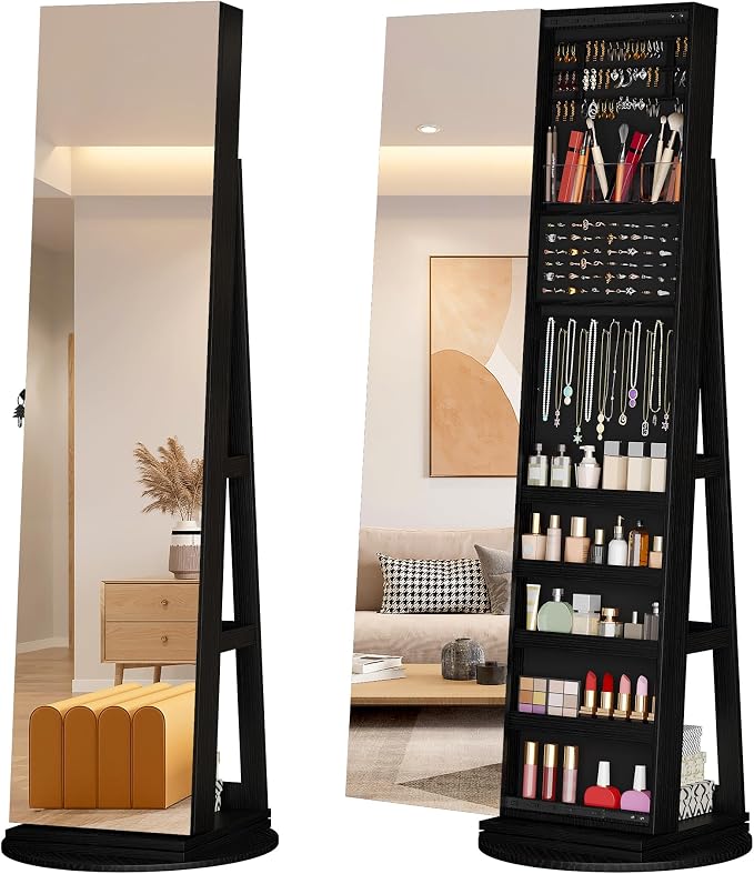 LVSOMT Standing Jewelry Cabinet with Sliding Full Length Mirror, Black | 360° Swivel Mirror with Jewelry Storage, Lockable Jewelry Armoire Organizer with 3 Rear Shelves for Bedroom, Gift for Women