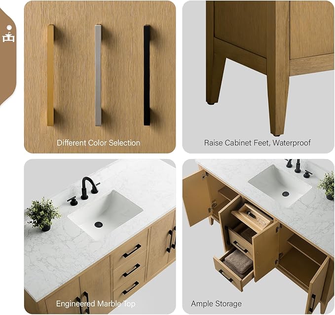 Vanity Art 60 inch Bathroom Vanity with Single Sink & Ceramic Top, Vanity Cabinet with Soft-Closing Doors, Drawers, Solid Wood Frame, Natural Oak, VA9060-SNO-GB1