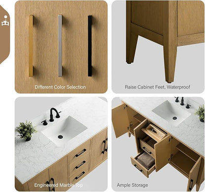 Vanity Art 60 inch Bathroom Vanity with Single Sink & Ceramic Top, Vanity Cabinet with Soft-Closing Doors, Drawers, Solid Wood Frame, Natural Oak, VA9060-SNO-GB1