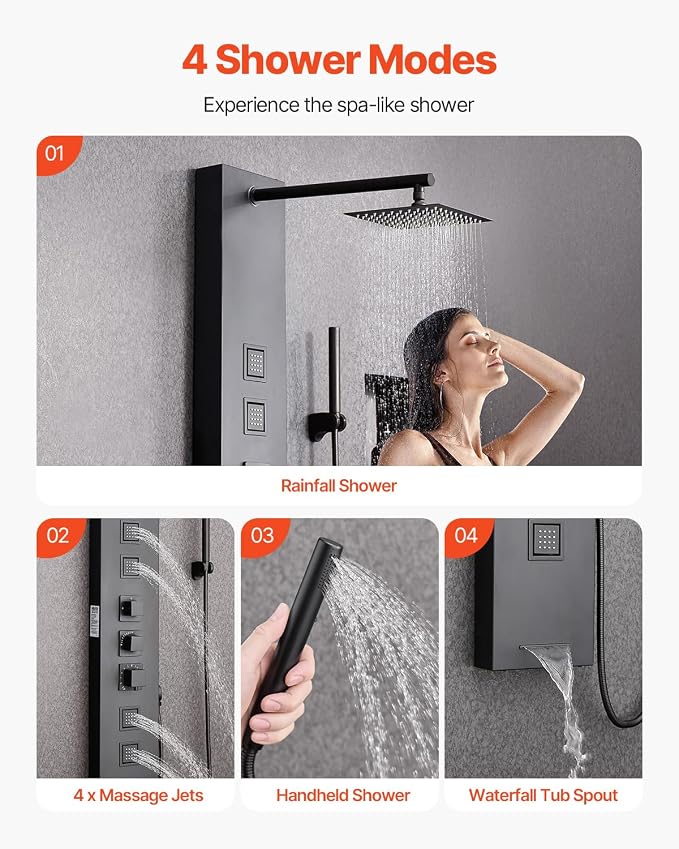 VEVOR Shower Panel Tower System with Rainfall Shower Head, 49 in Brushed Stainless Steel Shower Column, 4-Function Faucet, Wall-Mount Rain Massage System, with 4 Body Jets, Handheld, and Tub Spout
