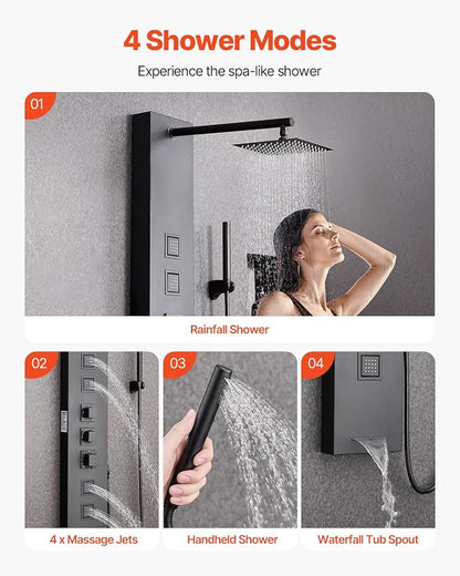 VEVOR Shower Panel Tower System with Rainfall Shower Head, 49 in Brushed Stainless Steel Shower Column, 4-Function Faucet, Wall-Mount Rain Massage System, with 4 Body Jets, Handheld, and Tub Spout