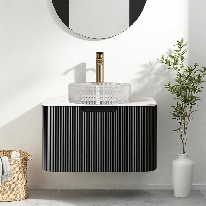 24 Inch Floating Bathroom Vanity with Sink, Modern Bathroom Cabinet with Round Crystal Glass Basin and Ultra-Thin Marble Top, Extra Large Storage Drawer, Soft-Close Design, Gloss Black