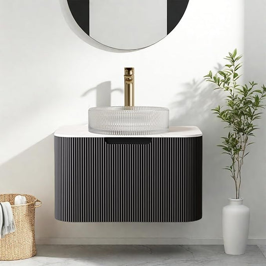 24 Inch Floating Bathroom Vanity with Sink, Modern Bathroom Cabinet with Round Crystal Glass Basin and Ultra-Thin Marble Top, Extra Large Storage Drawer, Soft-Close Design, Gloss Black