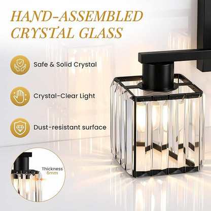 Crystal Bathroom Light Fixtures, 3-Light Matte Black, Vanity Lights for Bathroom Over Mirror, Modern Bath Wall Sconce for Mirror Bedroom Living Room