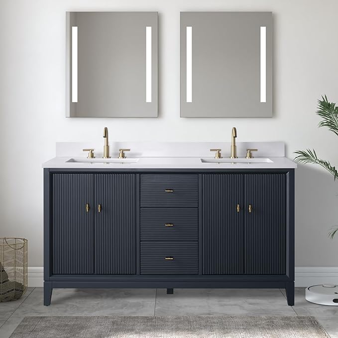 Vanity Art 60" Bathroom Vanity with Double Sink & Arabescato White Engineered Stone Top, Soft Closing Door, Solid Wood Frame, Golden Brushed Handles, Vintage Spruce Blue VA8160D-VSB-GB