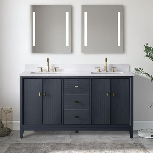 Vanity Art 60" Bathroom Vanity with Double Sink & Arabescato White Engineered Stone Top, Soft Closing Door, Solid Wood Frame, Golden Brushed Handles, Vintage Spruce Blue VA8160D-VSB-GB
