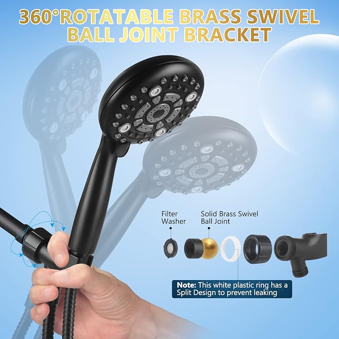 6 Spray Modes High Pressure Handheld Showerhead Set Upgraded 5 Inches Shower Head with Handheld Spray Matte Black Handheld Shower Head 60 Inches Stainless Steel Hose-1-Min Install