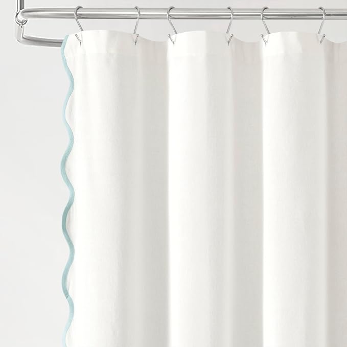 Lush Decor Coastal Chic Scallop Edge Linen-Textured Shower Curtain, Single 72" W x 72" L, Blue & White - Scalloped Shower Curtains - Coastal Bathroom Curtain