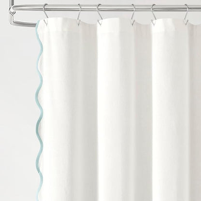 Lush Decor Coastal Chic Scallop Edge Linen-Textured Shower Curtain, Single 72" W x 72" L, Blue & White - Scalloped Shower Curtains - Coastal Bathroom Curtain
