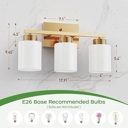 PARTPHONER 3-Light Brushed Gold Bathroom Light Fixtures, Modern Vanity Light Over Mirror Lighting, Wall Sconce with Frosted Milky White Glass Shades for Bedroom Living Room Kitchen Hallway
