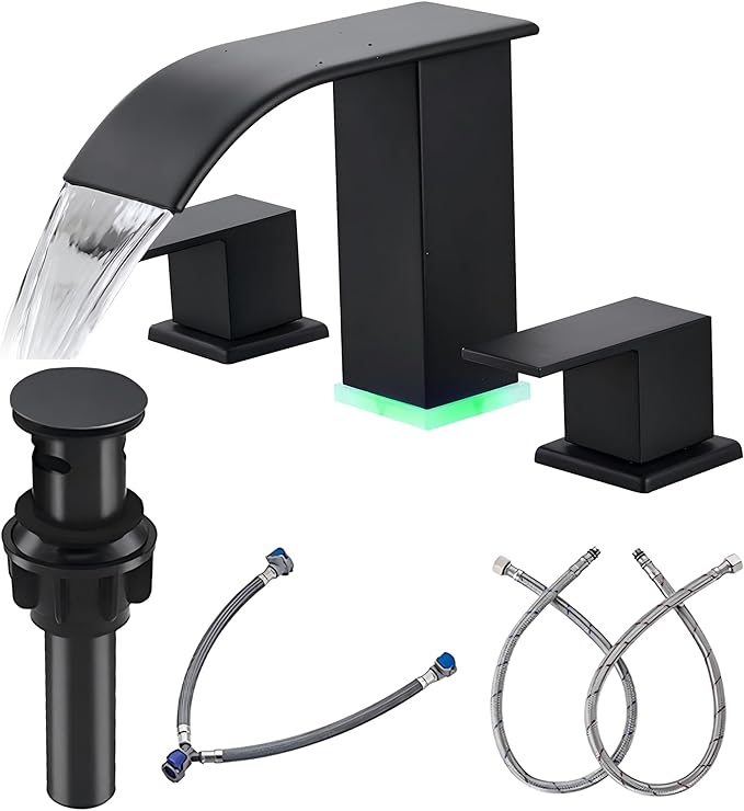 Bathroom faucets 3 Hole Widespread Modern Bathroom Sink Faucet 8 inch Matte Black Bathroom 3 Hole LED Light Waterfall Vanity Faucet Sink with Pop Up Drain (Matte Black)