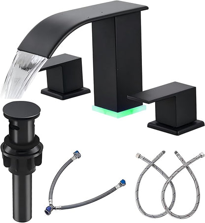 Bathroom faucets 3 Hole Widespread Modern Bathroom Sink Faucet 8 inch Matte Black Bathroom 3 Hole LED Light Waterfall Vanity Faucet Sink with Pop Up Drain (Matte Black)