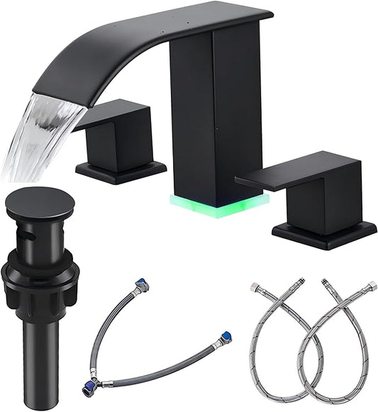 Bathroom faucets 3 Hole Widespread Modern Bathroom Sink Faucet 8 inch Matte Black Bathroom 3 Hole LED Light Waterfall Vanity Faucet Sink with Pop Up Drain (Matte Black)