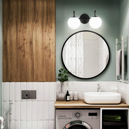 Mid Century Modern Vanity Lights for Bathroom, Black Metal Frame and Milk White Frosted Glass Globe, 2 Lights, Wall Sconce, 7.09"L x 7.09"W x 14.17"H