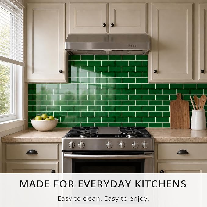 StyloVue 100 Pieces Peel and Stick Backsplash for Kitchen, 3" x 6" PVC Subway Tile, 2026 Upgraded Emerald Green Stone, Stick on Wall Tile for Kitchen, Bathroom, Fireplace, RV