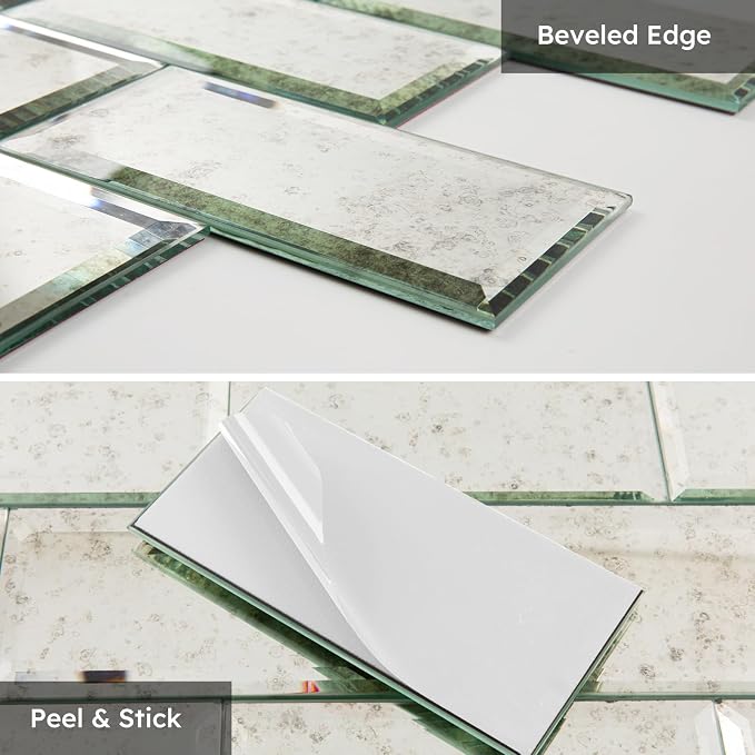 Peel and Stick Antique Mirror Backsplash Tiles 3x6 Inch, 5 Sq.ft | Beveled Smoked Mirrored Glass Subway Tile for Kitchen Bar Bathroom Accent TV Wall Tile