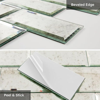 Peel and Stick Antique Mirror Backsplash Tiles 3x6 Inch, 5 Sq.ft | Beveled Smoked Mirrored Glass Subway Tile for Kitchen Bar Bathroom Accent TV Wall Tile
