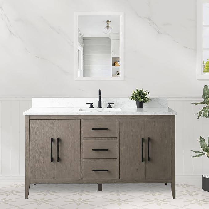 60 Inch Bathroom Vanity with Sink & Ceramic Top, Single Vanity Cabinet with Basin, Soft-Closing Doors & Matte Black Hardware, Driftwood Gray