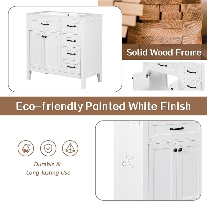 36" Bathroom Vanity Without Sink, Base Only,Solid Wood Cabinets Basin Vessel Set w/Water, Stain Proof,Enclosed Storage Spaces,Eco-Friendly Painting,Easy to Install,White