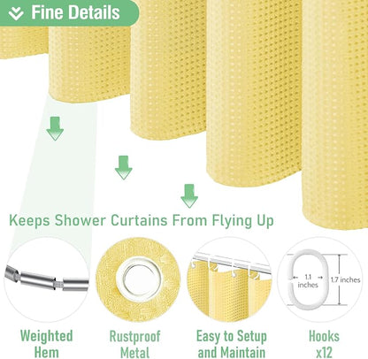 Waffle Shower Curtain 256 GSM Heavy Duty Fabric 72"x72" Yellow | Thick Textured Cloth, Weighted Hem, Water Repellent Washable, Hotel Luxury Polyester Shower Curtain Set for Bathroom 12 Hooks