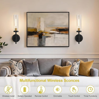 Battery Operated Wall Sconce Set of 2，Black and Gold Wireless Rechargeable Wall Lighting Fixtures with Remote Control，Dimmable Wall Light for Bathroom ，Vanity, Living Room, Bedroom, Hallway, Stairway