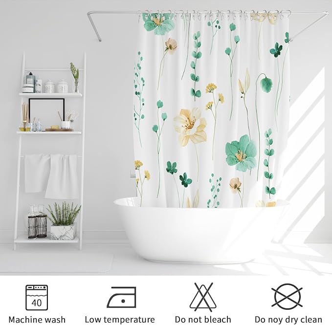 Mint Green Beige Watercolor Floral Fabric Shower Curtain, 72x72 | Waterproof Fabric, Modern Minimalist Floral Print, Machine Washable, Rustproof Grommets, for Bathroom