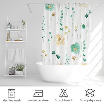 Mint Green Beige Watercolor Floral Fabric Shower Curtain, 72x72 | Waterproof Fabric, Modern Minimalist Floral Print, Machine Washable, Rustproof Grommets, for Bathroom