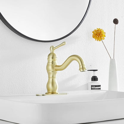 Bathroom Faucet Brushed Gold GGStudy 360° Swivel Bathroom Vanity Faucet Single Handle One Hole Bathroom Sink Faucet Basin Matching Pop Up Drain with Overflow