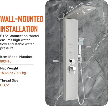 FUZ Shower Panel Tower System, Stainless Steel 5 IN 1 Shower Panel System with LED Fancy Rain Shower Head and Handheld, Adujstable Rainfall Massage Body Jets and Tub Spout, Brushed Nickel Shower Tower