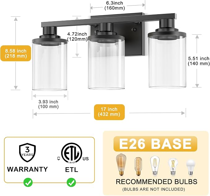 L LOHAS LED 3-Light Bathroom Vanity Light, Black | Clear Glass Shades; Modern Bathroom Lighting Fixture for Living Rooms and Hallways