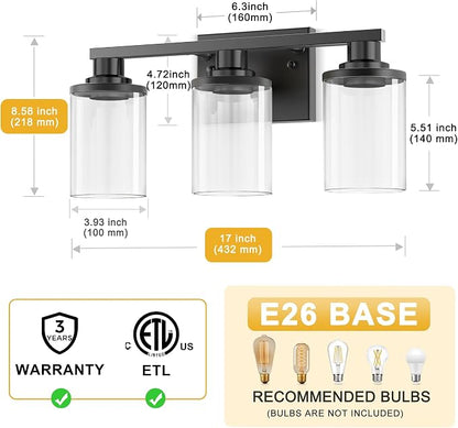 L LOHAS LED 3-Light Bathroom Vanity Light, Black | Clear Glass Shades; Modern Bathroom Lighting Fixture for Living Rooms and Hallways