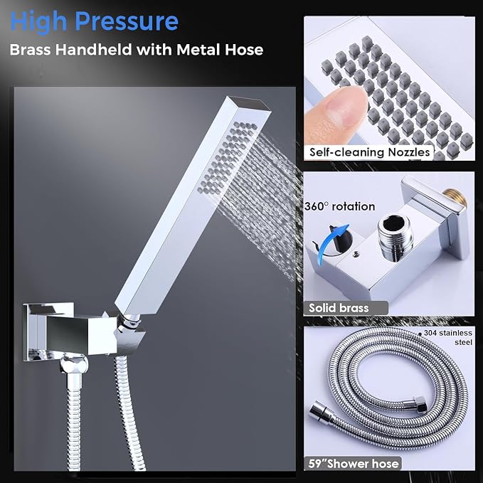 Luxury 20x14in LED Rainfall Mist Dual Shower System Can Run Togther | 4-way Thermostatic Digital Display Brass Valve, Ceiling Flush Mount Showerhead and 6in Tilt Shower, Brass Handheld, Chrome
