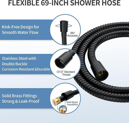 BRIGHT SHOWERS Stainless Steel Slide Bar Grab Rail Set Ada Compliant, 5-Spray Handshower with Slide Bar Kit – Includes Handheld Shower Head and 69-Inch Hose, Matte Black