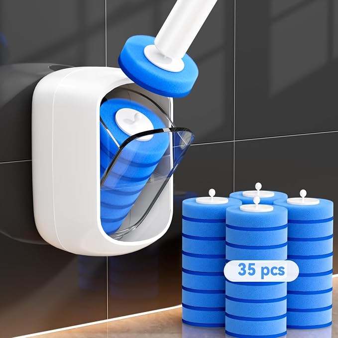 MOPUP Disposable Toilet Brush Set, 35 Refills | Wall Mounted Holder with Storage Caddy, Pre-Loaded Cleaner Heads, No Drip/Mess, Space-Saving for Daily Bathroom Cleaning