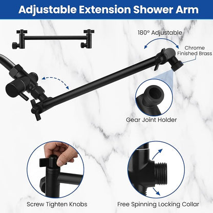 Shower Head, 12'' High Pressure Rainfall/Handheld Shower Combo, Matte Black | 9 Settings, Anti-leak Shower Head with 11'' Extension Arm, Holder, Hose, Height/Angle Adjustable Shower, 1.75GPM
