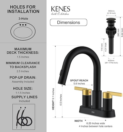KENES Black and Gold Centerset Bathroom Faucet with Pull Out Sprayer, 4 Inch 2 Handle Pull Down Bathroom Sink Faucet 3 Hole, Bathroom Vanity Faucet with Pop Up Drain & Supply Lines LJ-9069-BG