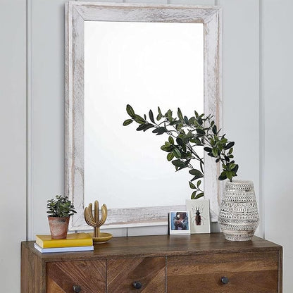 AAZZKANG Mirrors for Wall Rustic Wood Framed Hanging Mirror 28"x20" Decorative for Farmhouse Bedroom Bathroom Living Room Entryway Hallway White