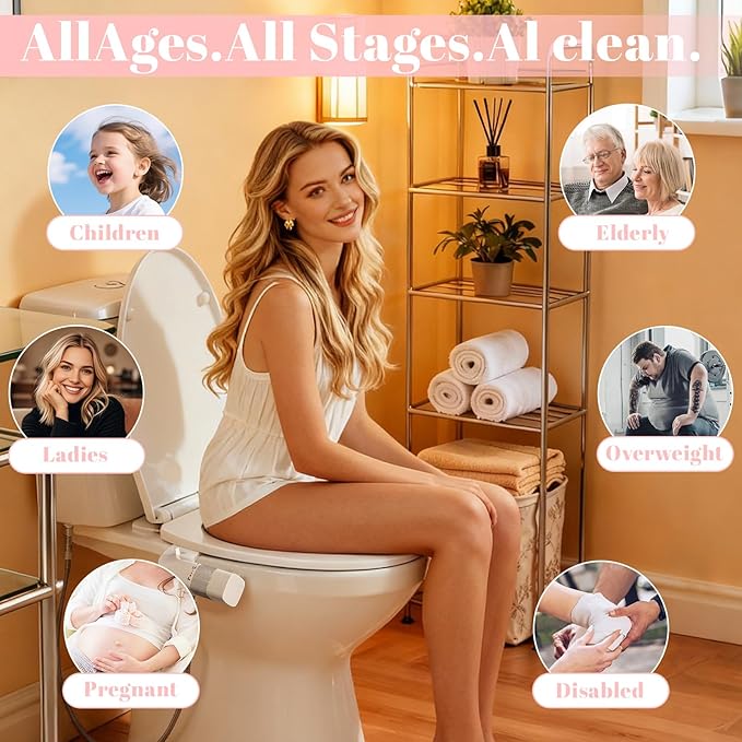 Bidet Attachment for Toilet,Non-Electric Ultra-Thin With,Rear/Feminine Wash,Dual Nozzles (Adjustable Angle), Adjustable Water Pressure, Cold Water Only, White