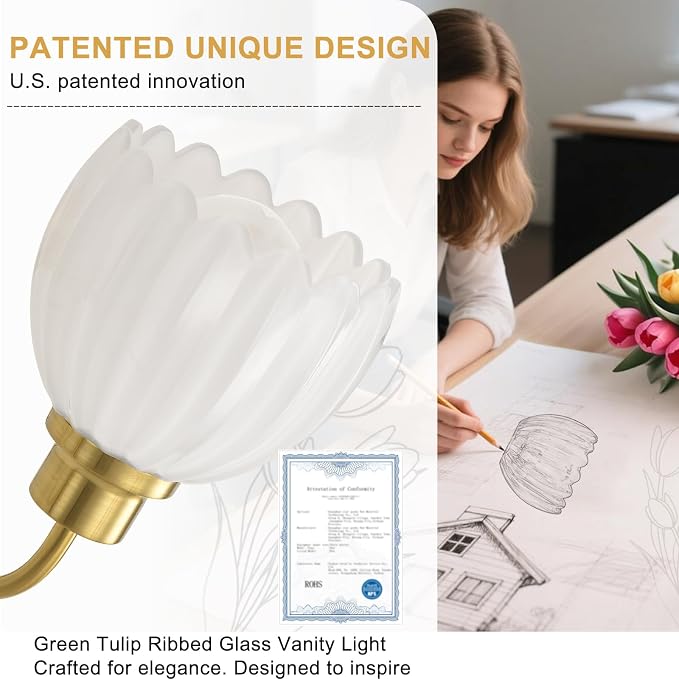 Bathroom Light Fixtures (3-Light, 20 Inch), Brushed Gold Vanity Lights for Bathroom with Ribbed Milk Tulip Glass Shade, Vintage Vanity Wall Lights for Mirror Bedroom Living Room Hallway