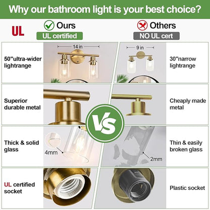 2-Light Bathroom Light Fixtures, Brushed Gold Vanity Light, Modern Vanity Lights with Clear Glass Shade, Bathroom Wall Lamp for Mirror Kitchen Living Room Hallway Cabinet Porch