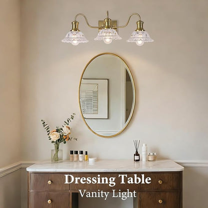 Champagne Gold Vanity Lights, 3-Light Bathroom Light Fixtures with Clear Glass Shade, Vintage Vanity Lights Over Mirror, Farmhouse Wall Light for Bathroom, Vanity Table, Bedroom, Hallway