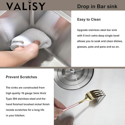 Bar Sink, 15 x 15 Inch Bar Sink Drop In, Stainless Steel Square Topmount Workstation Small Kitchen Sink, Single Bowl Kitchen Sink for Office Laundry Wet Bar Prep RV Outdoor Yard