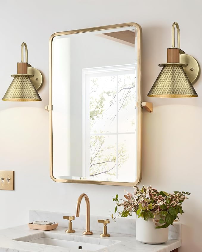 Barn Sconce Wall Lighting, HWH Gold Wall Sconces Indoor Wall Lights, 1-Light Vanity Wall Lamp for Bathroom Bedroom Bedside Kitchen, Hammered Metal Shade, Antique Brass Finish, 5HZG74B BG