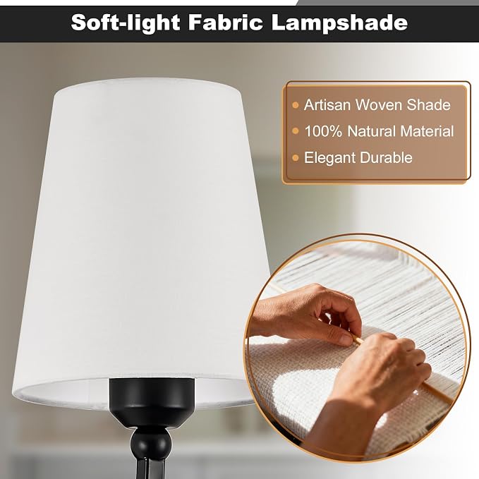Bathroom Vanity Light, Matte Black Bathroom Lighting Fixtures Over Mirror | 2-Light Bathroom Light Fixtures with Flared White Fabric Shade, E26 Socket (ETL Listed)