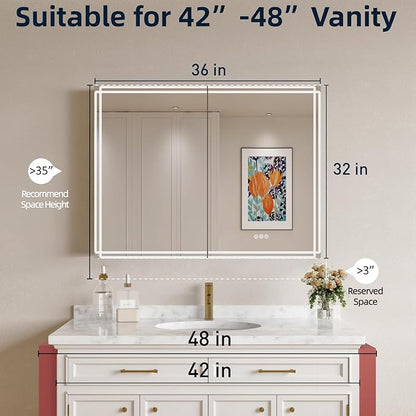Buruis 36'' x 32'' Medicine Cabinet with Lights and Mirrors, Recessed or Wall Mounted Modern Bathroom Cabinet with 3-Mode Light, Anti-Fog, Dimmable, Memory Function, Outlet, Silver