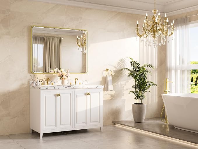 Brushed Gold Wall Mirror 48 x 36 Beveled Edge Tempered Glass, Rounded Corner Rectangle Framed Mirror for Modern Bathroom, Living Room, Bedroom, Entryway