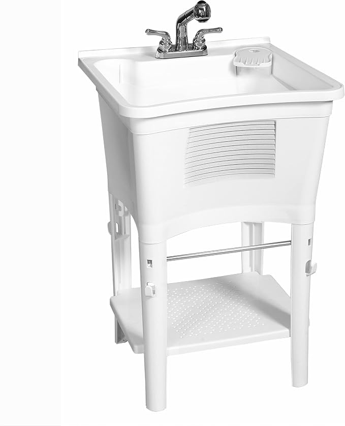Zenna Home Utility Sink Laundry Tub with Pull-Out Faucet, All-in-One Freestanding Utility Tub for Laundry Room, Basement, Garage, Outdoor Kitchen, 24" L x 24" W x 36.75" H, White